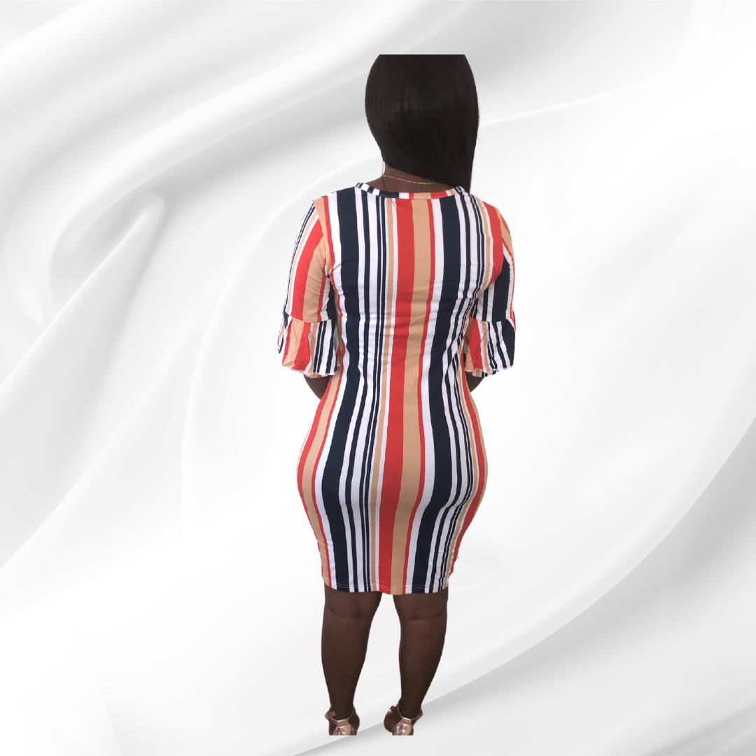 WOMEN'S STRIPED BODYCON DRESS WITH RUFFLED QUARTER SLEEVES