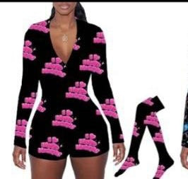 Black and Pink Graphic Onesie With Socks